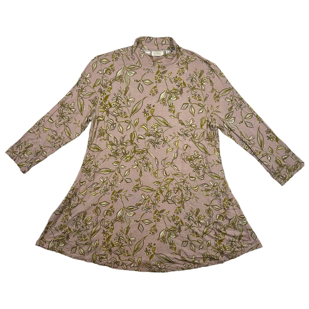 LOGO by Lori Goldstein Size M Floral Mock Neck Knit Swing Top Pocket Tunic Mauve